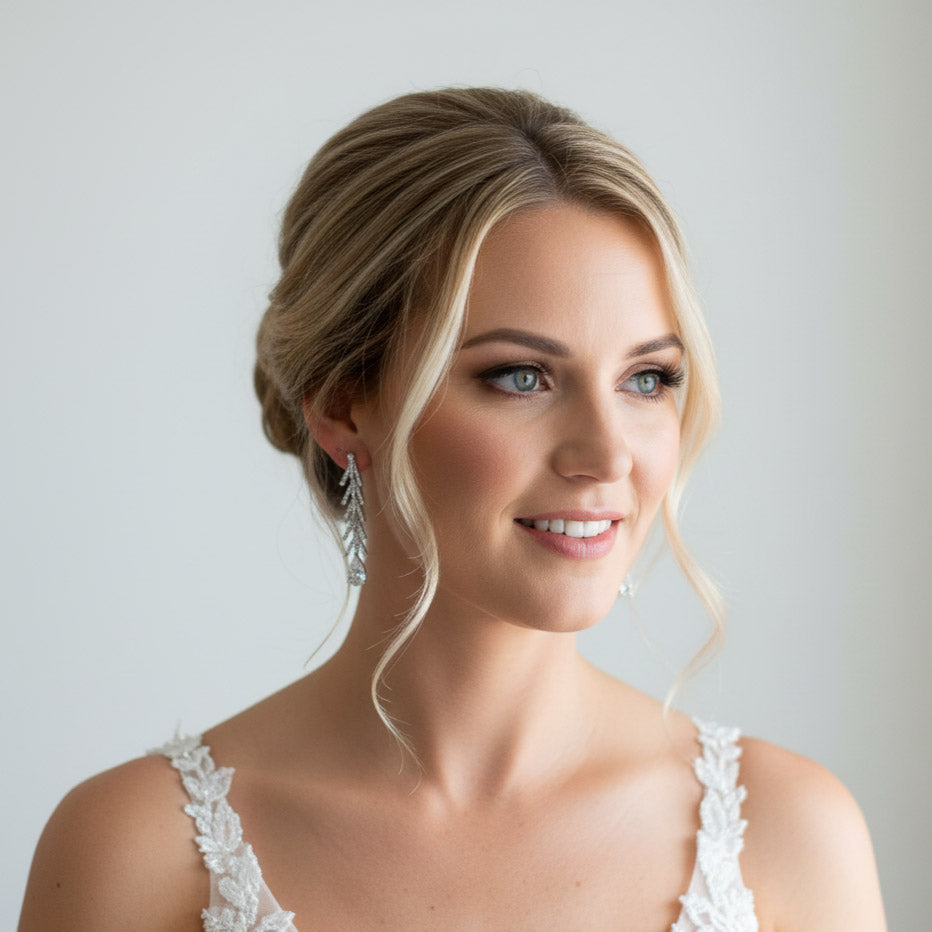 Long Leafy Cubic Zirconia Dangle Earrings for the Modern Bride-Lily