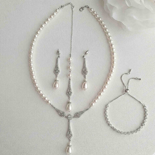 Silver Pearl Jewellery Set with Backdrop Necklace Earrings and Bracelet for Weddings - Lisa