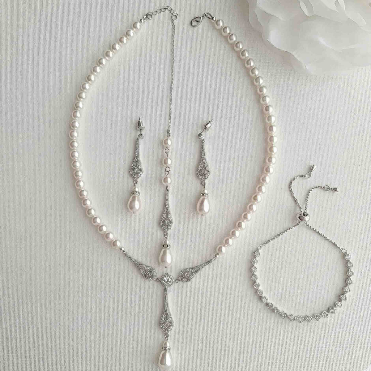 Rose Gold Pearl Wedding Jewellery Set (3-Piece Earrings Necklace Bracelet) – Lisa