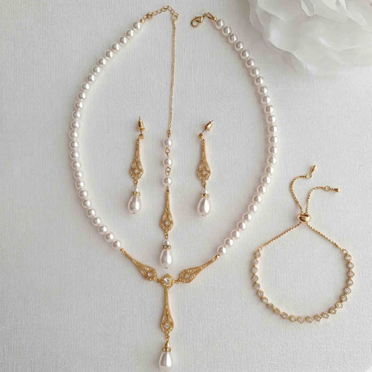 Matching Gold Pearl Jewellery Set (Necklace, Earrings, Bracelet) - Lisa