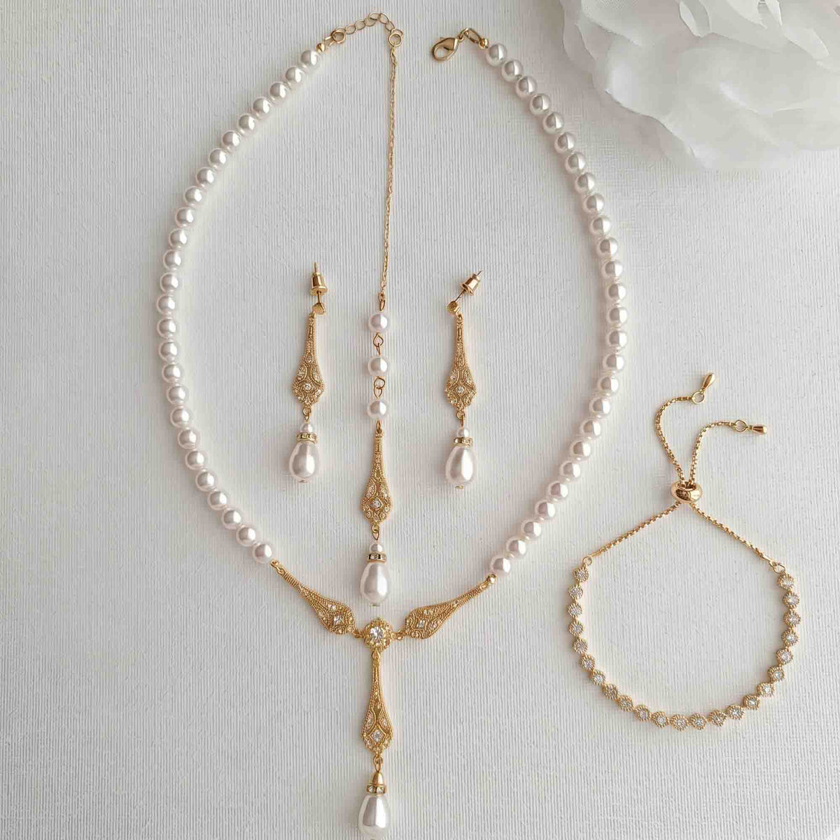 Rose Gold Pearl Wedding Jewellery Set (3-Piece Earrings Necklace Bracelet) – Lisa
