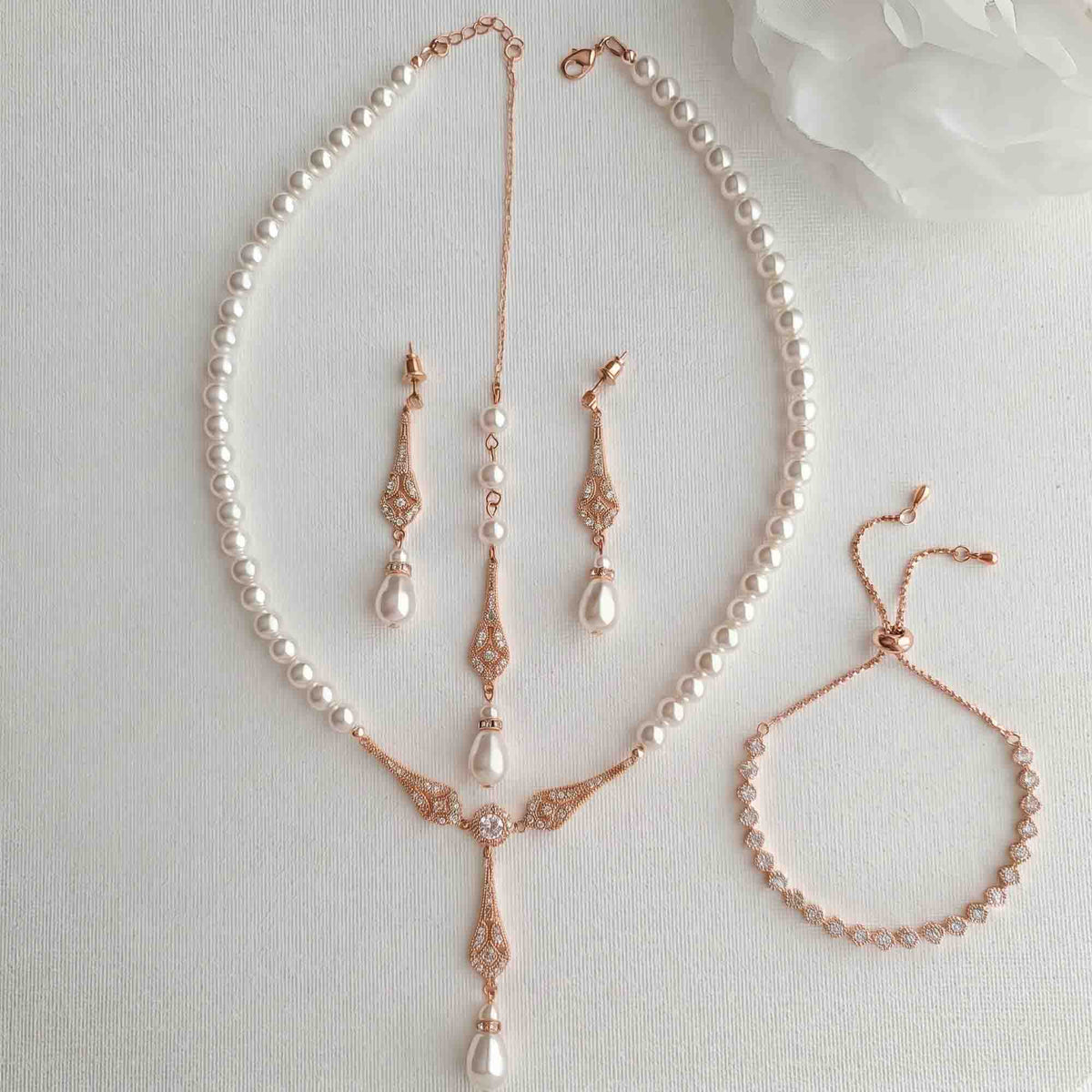 Rose Gold Pearl Wedding Jewellery Set (3-Piece Earrings Necklace Bracelet) – Lisa