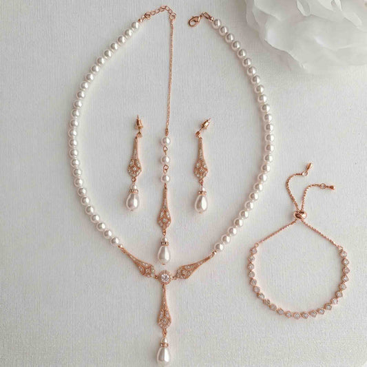 Rose Gold Pearl Wedding Jewellery Set (3-Piece Earrings Necklace Bracelet) – Lisa