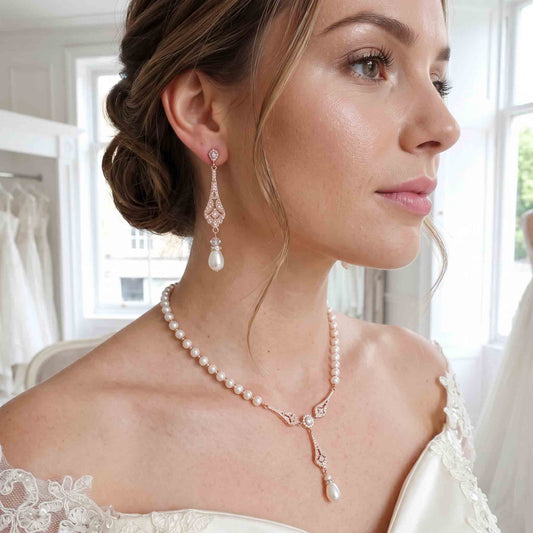 Silver Pearl Jewellery Set with Backdrop Necklace Earrings and Bracelet for Weddings - Lisa