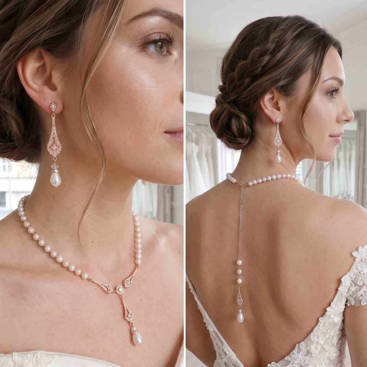 Rose Gold Pearl Wedding Jewellery Set (3-Piece Earrings Necklace Bracelet) – Lisa