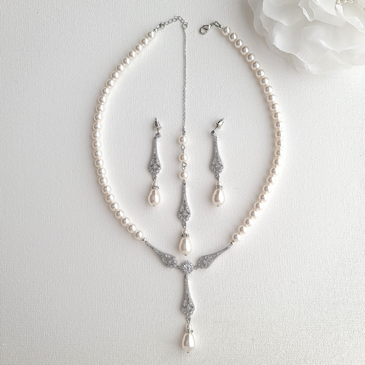 Matching Gold Pearl Jewellery Set (Necklace, Earrings, Bracelet) - Lisa