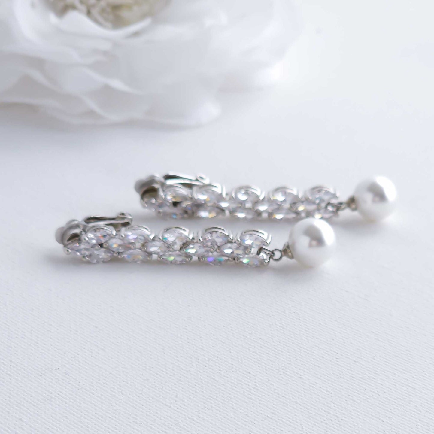 Long Clip On Earrings with Pearl Drops for Weddings-Kalee