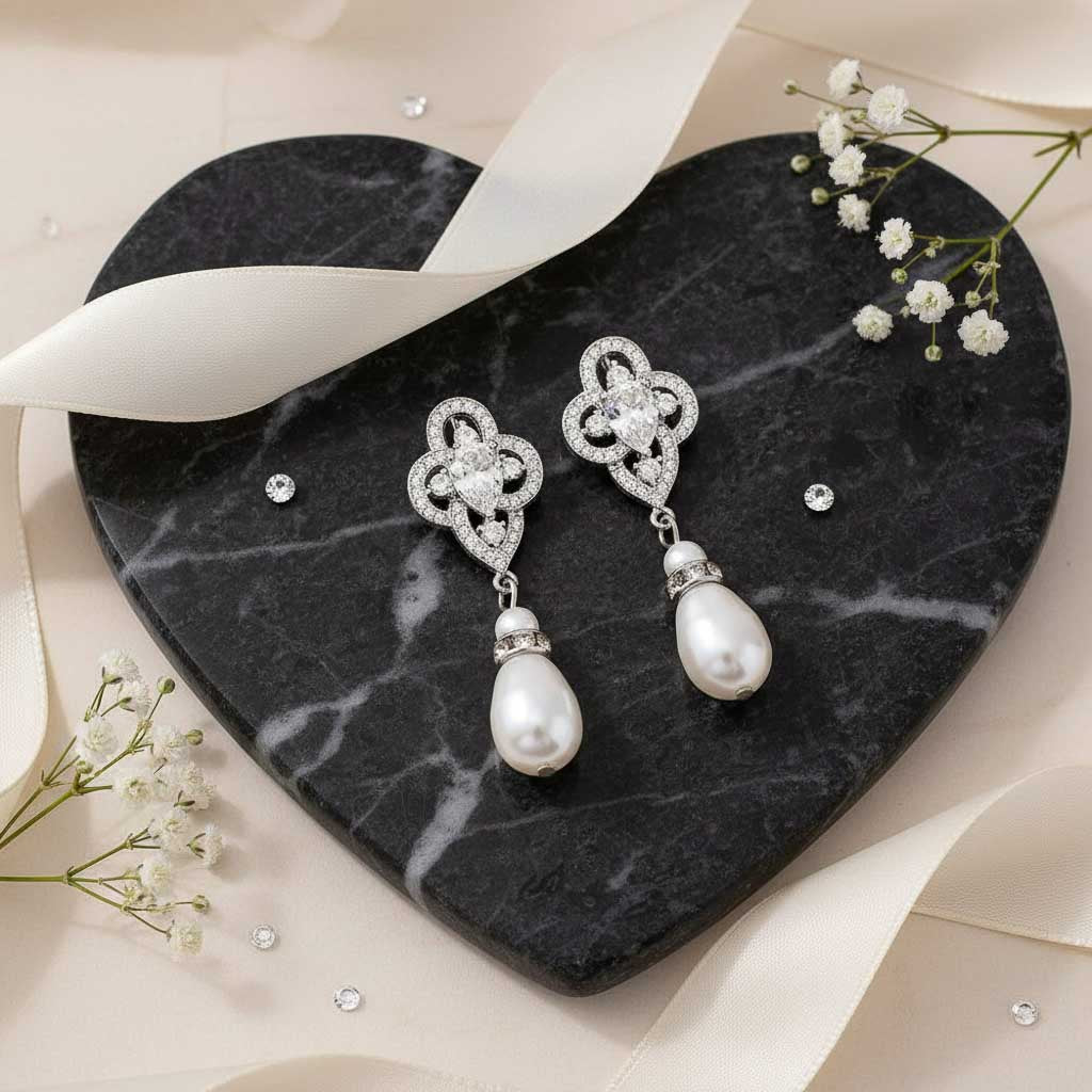 Pearl and Crystal Drop Earrings for Wedding-Linda