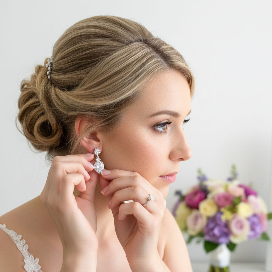 Brilliant Cubic Zirconia Drop Earrings with Rhodium Plated Silver Finish-Mandy