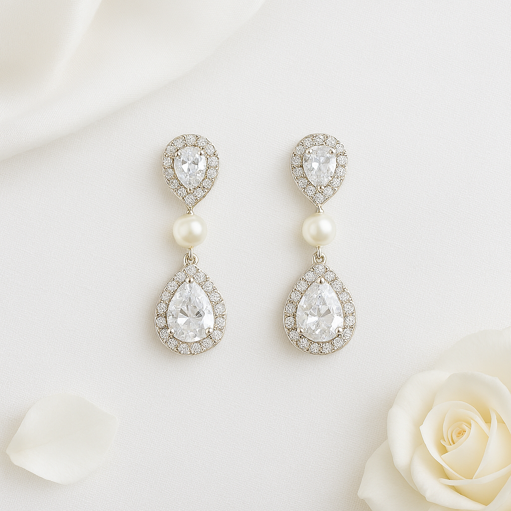 Teardrop Bridal Earrings: Rhodium-Plated Pearl & Cubic Zirconia -Emma