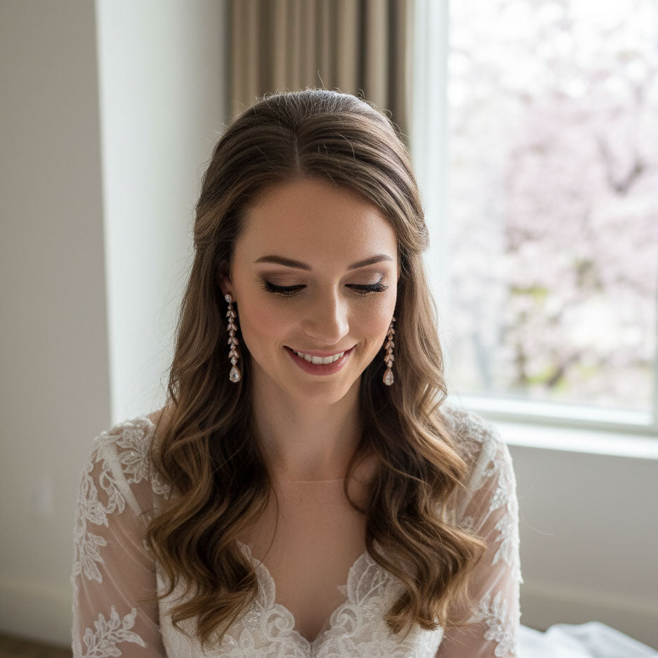 Dangling Leaf Bridal Earrings in Rose Gold-Miranda