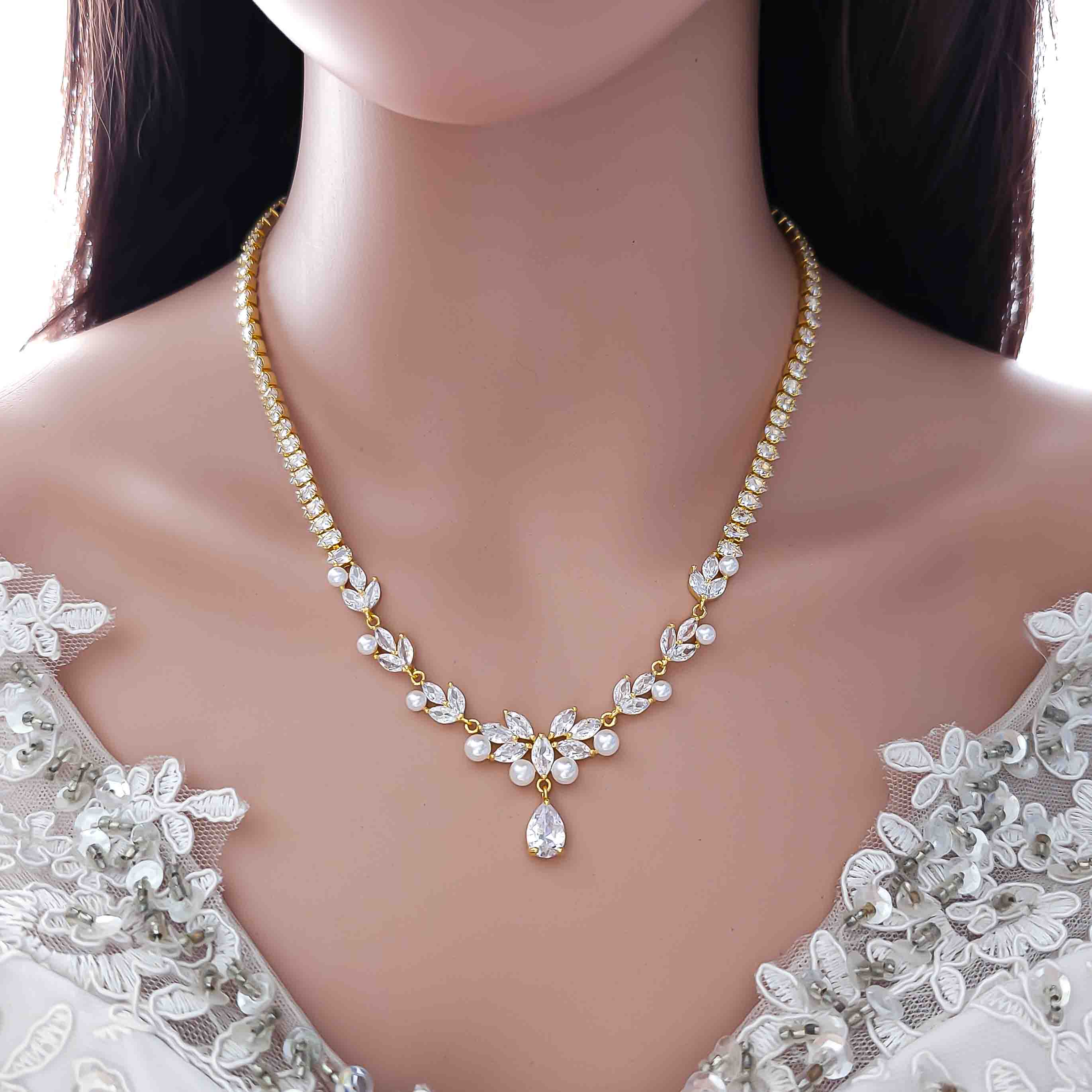 Round Natural White Pearl Single Line Necklaces & Earrings Jewellery Set -  Surat Diamond