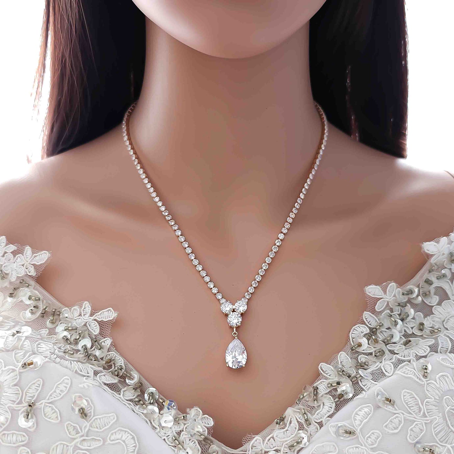 Gold Necklace with Cubic Zirconia for Weddings-Diane