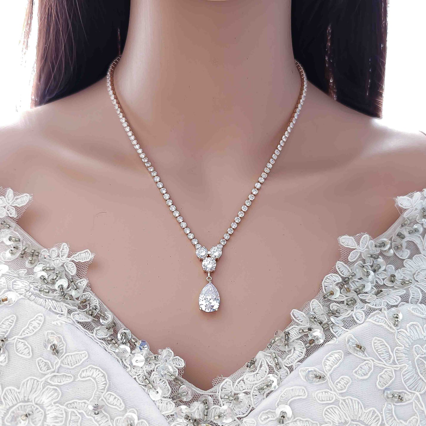 Gold Necklace with Cubic Zirconia for Weddings-Diane