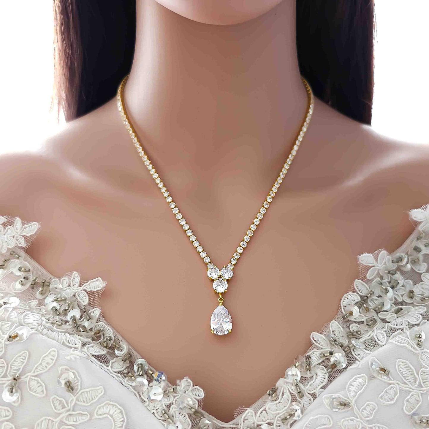 Gold Necklace with Cubic Zirconia for Weddings-Diane