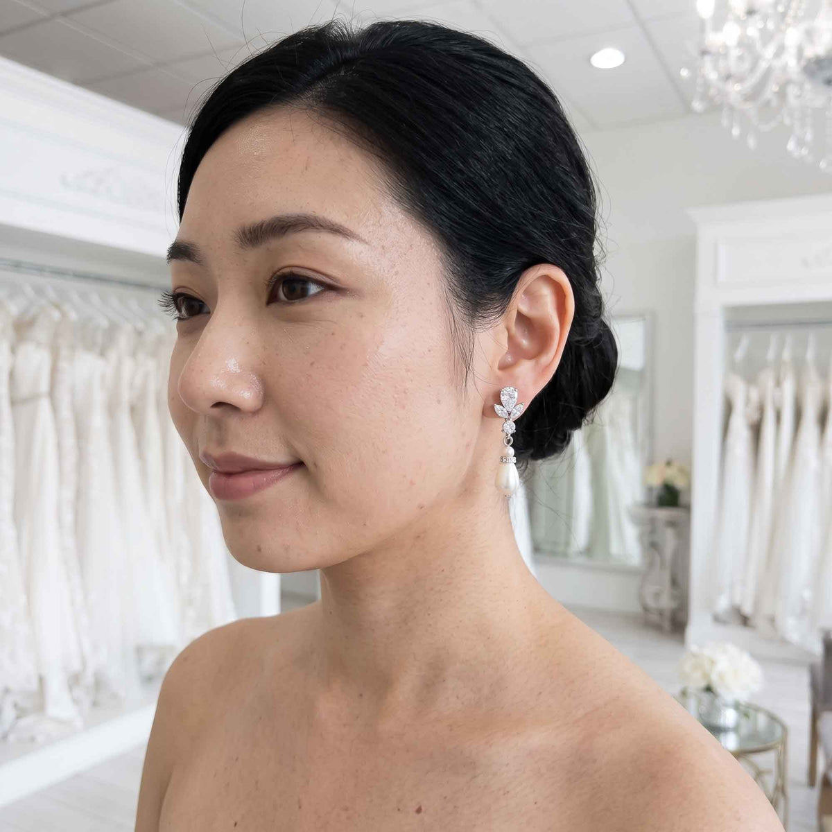 Gold Clip On earrings Brides with CZ leaf Stud & Teardrop Pearls - Nicole