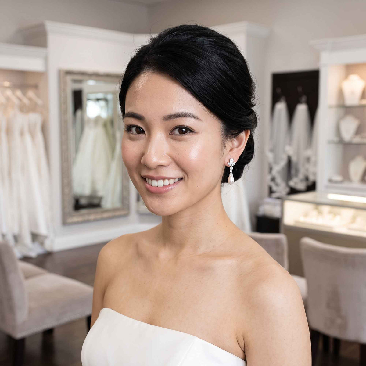 Gold Clip On earrings Brides with CZ leaf Stud & Teardrop Pearls - Nicole