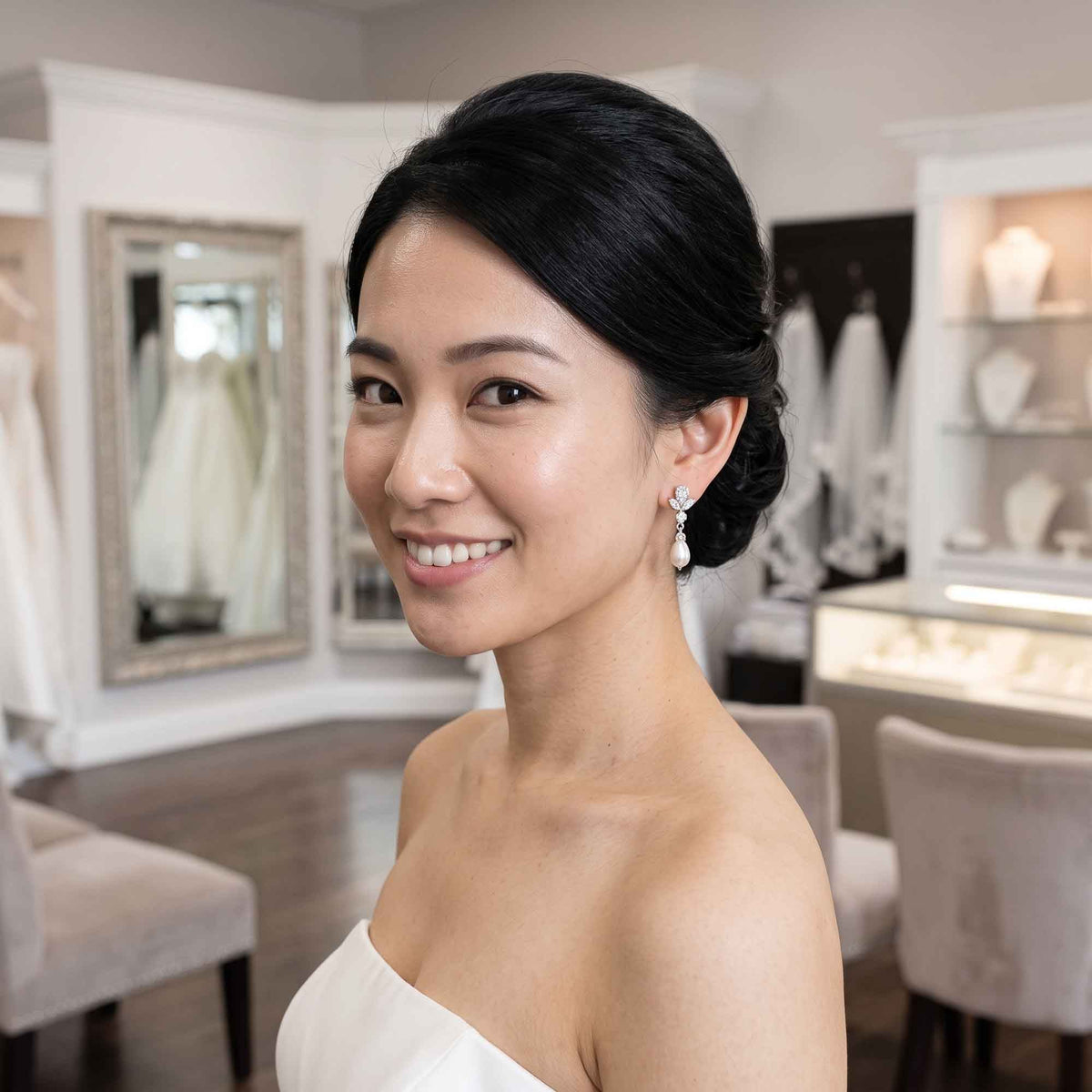Gold Clip On earrings Brides with CZ leaf Stud & Teardrop Pearls - Nicole