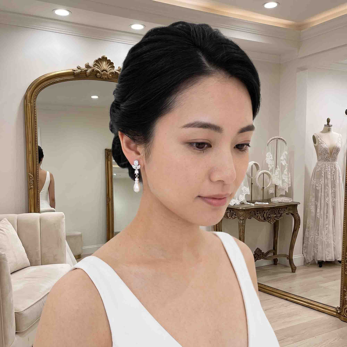 Gold Clip On earrings Brides with CZ leaf Stud & Teardrop Pearls - Nicole