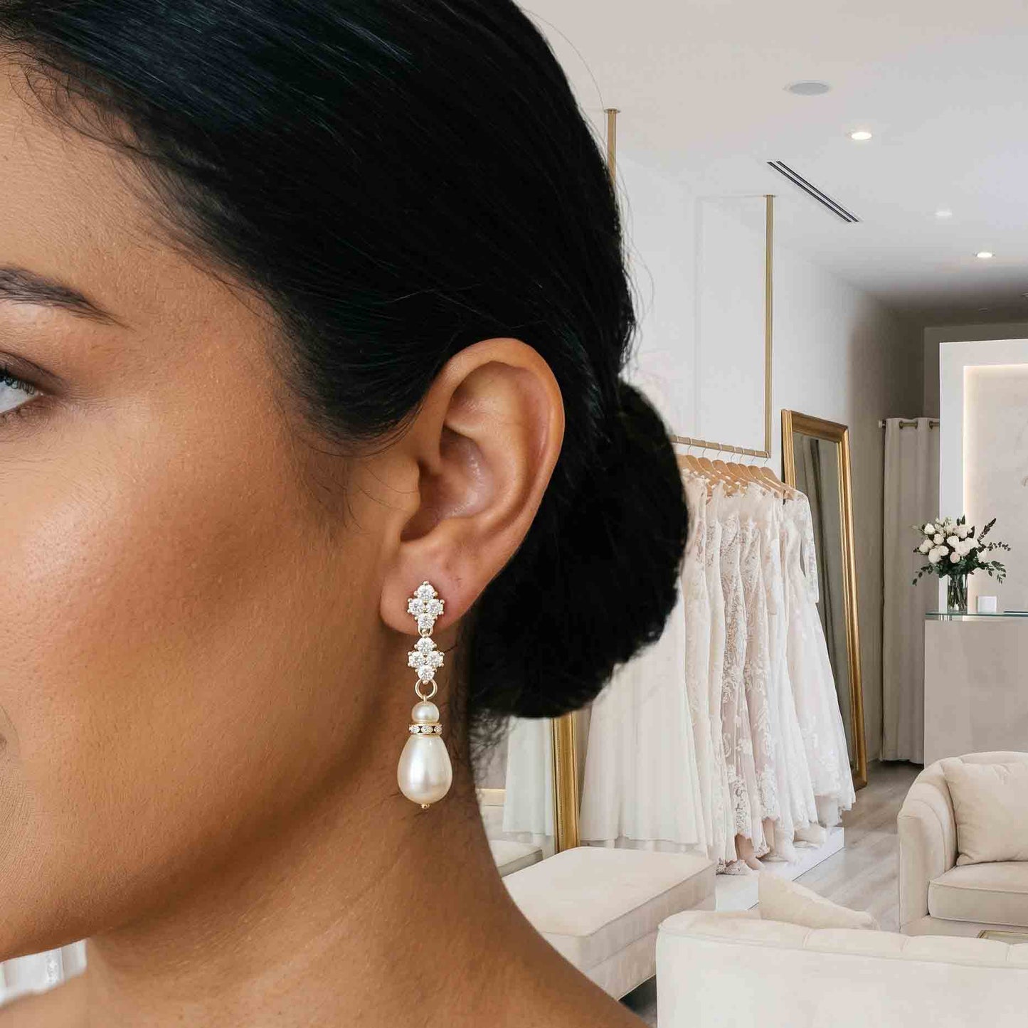 Silver Clover Crystal & Pearl Drop Earrings - Olive