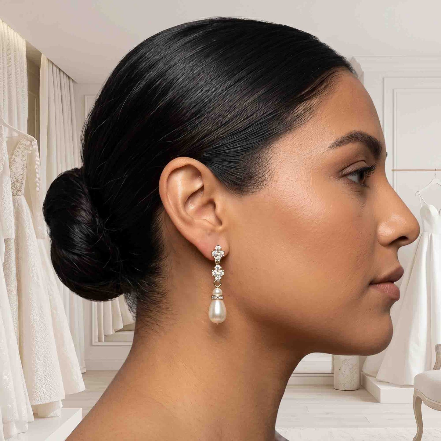 Silver Clover Crystal & Pearl Drop Earrings - Olive