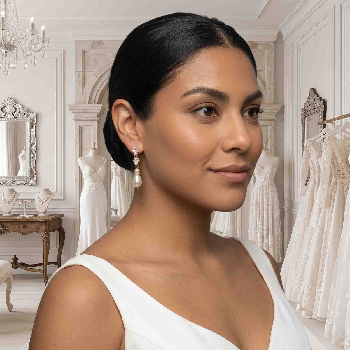 Silver Clover Crystal & Pearl Drop Earrings - Olive