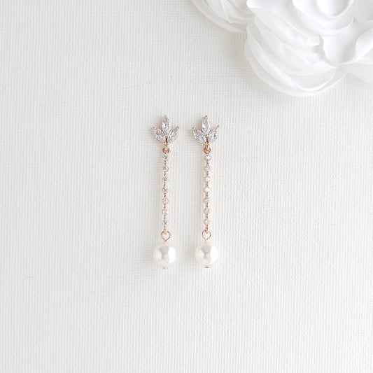 Skinny Long Pearl Drop Earrings in Rose Gold-Jodi