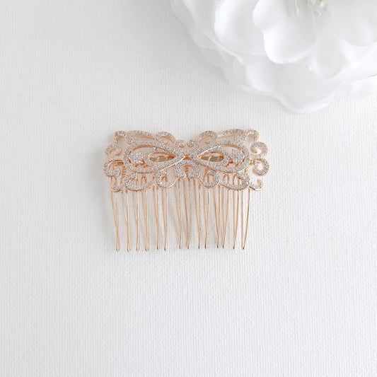 Rose Gold Art Deco Wedding Hair Comb | Small CZ Bridal Veil Comb - Arletty