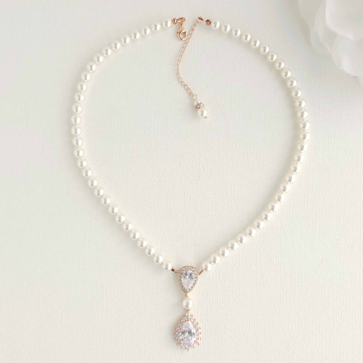 Bridal Pearl Strand and Teardrop CZ Pendant Necklace - Raya