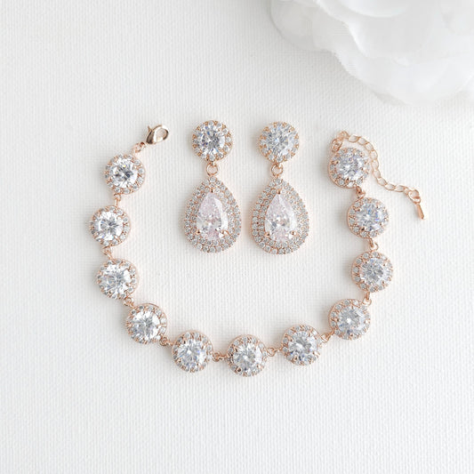 Rose Gold Bridal Jewellery Set | Vintage Teardrop Earrings & Halo Bracelet - Grace