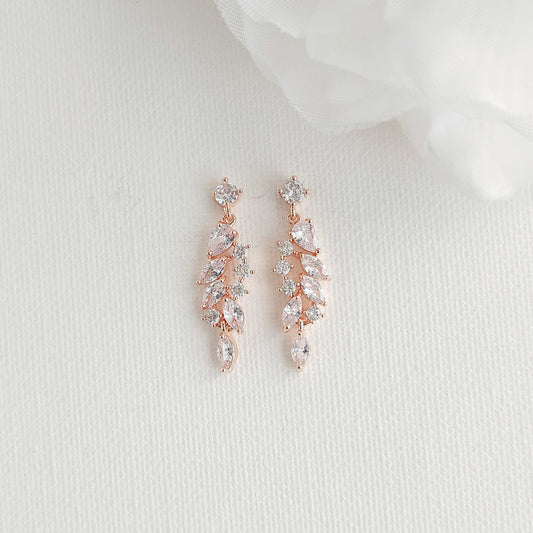 Delicate rose gold leaf drop earrings featuring an articulated marquise cubic zirconia cluster, perfect for blush, champagne, and ivory gowns.