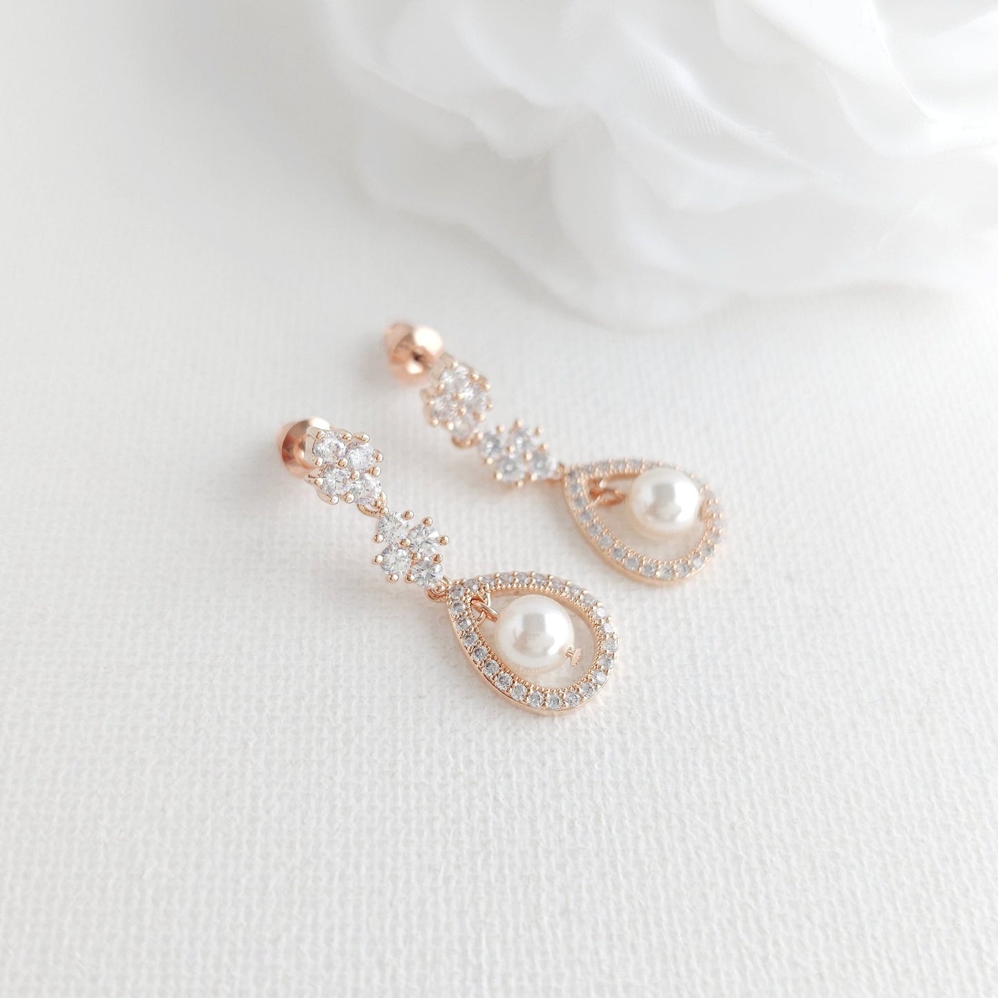 Open Teardrop Pearl Bridal Earrings in Silver - Lea