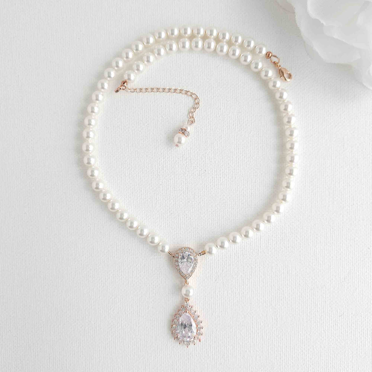 Bridal Pearl Strand and Teardrop CZ Pendant Necklace - Raya
