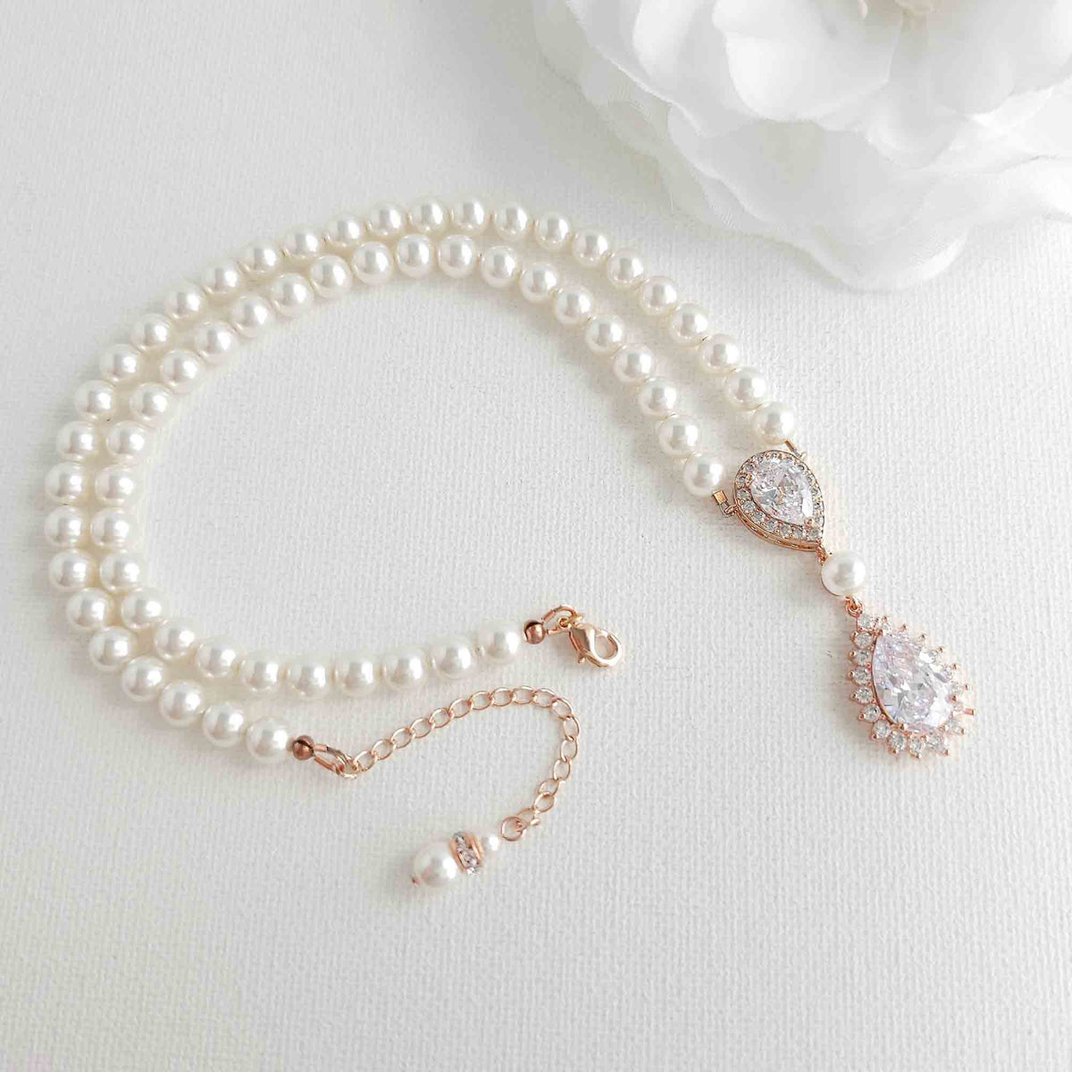 Bridal Pearl Strand and Teardrop CZ Pendant Necklace - Raya