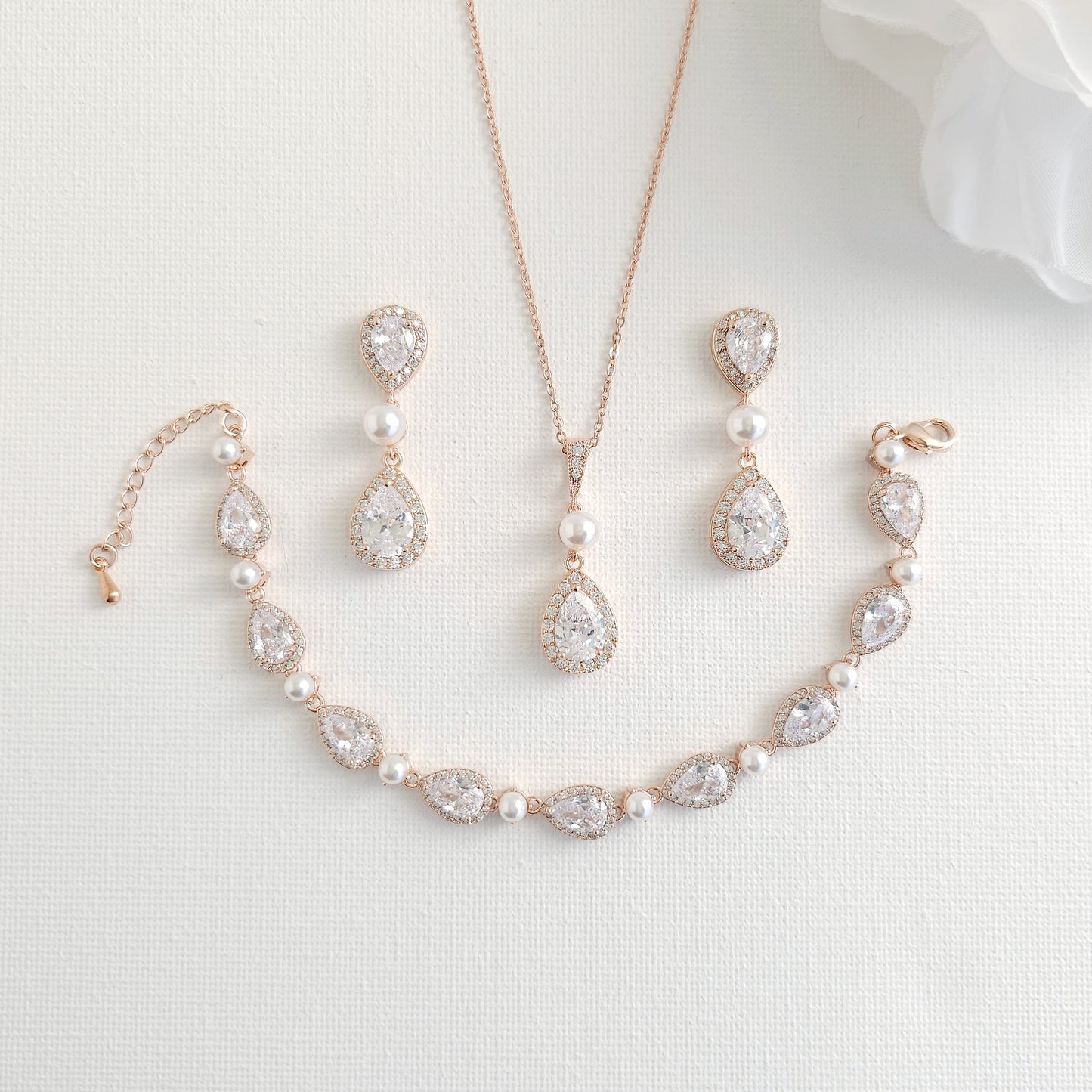 Classic Pearl & Gold CZ Teardrop Wedding Jewellery Set- Emma