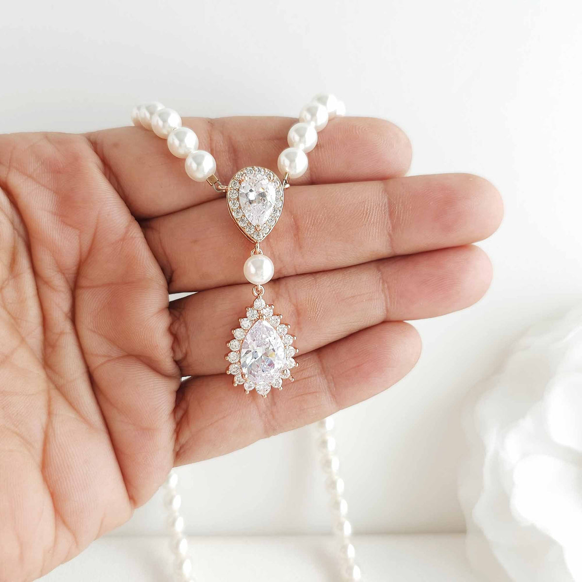Bridal Pearl Strand and Teardrop CZ Pendant Necklace - Raya