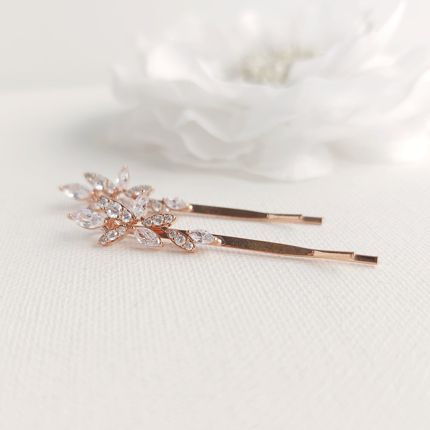 Rose Gold Leaf Bridal Hair Pin Set | Marquise CZ Slide for Bridesmaids & Flower Girls - Thea