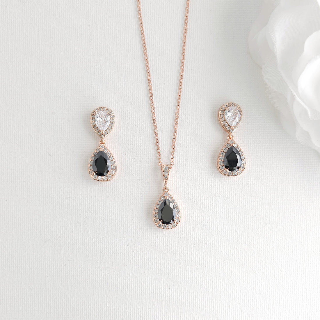 Rose Gold and Black Drop Jewellery Set | Necklace, Earrings & Bracelet for Weddings and Evening Wear - Zoe