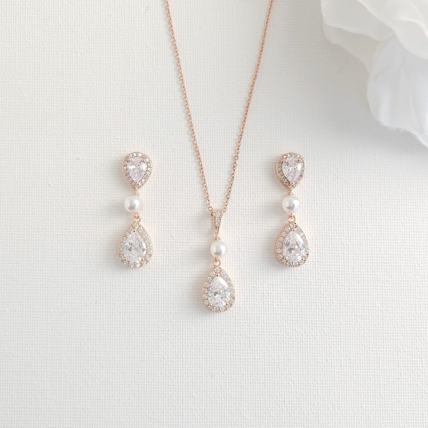 Classic Pearl & Gold CZ Teardrop Wedding Jewellery Set- Emma