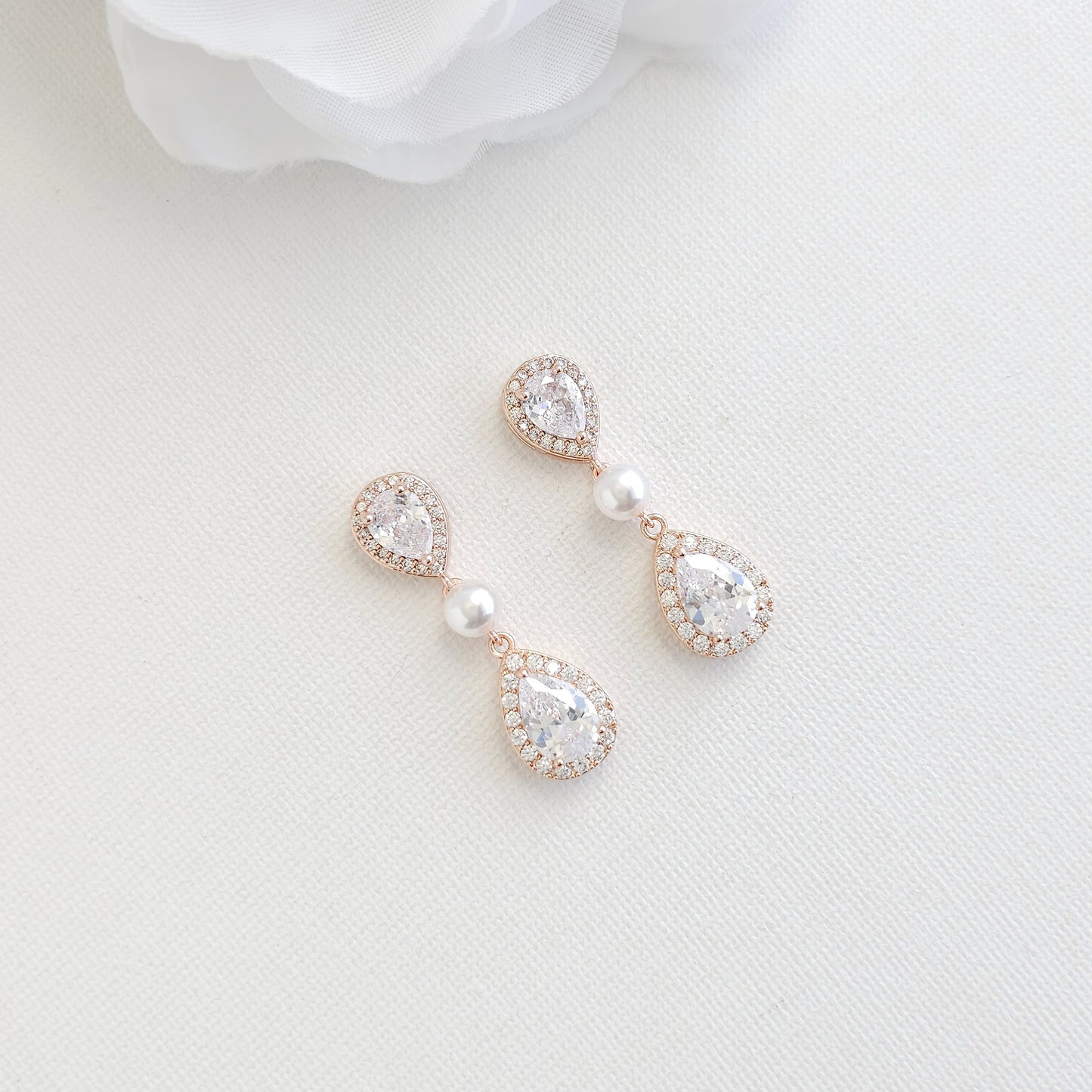 Rose Gold Bridal Teardrop Earrings with Pearl & Cubic Zirconia - Emma