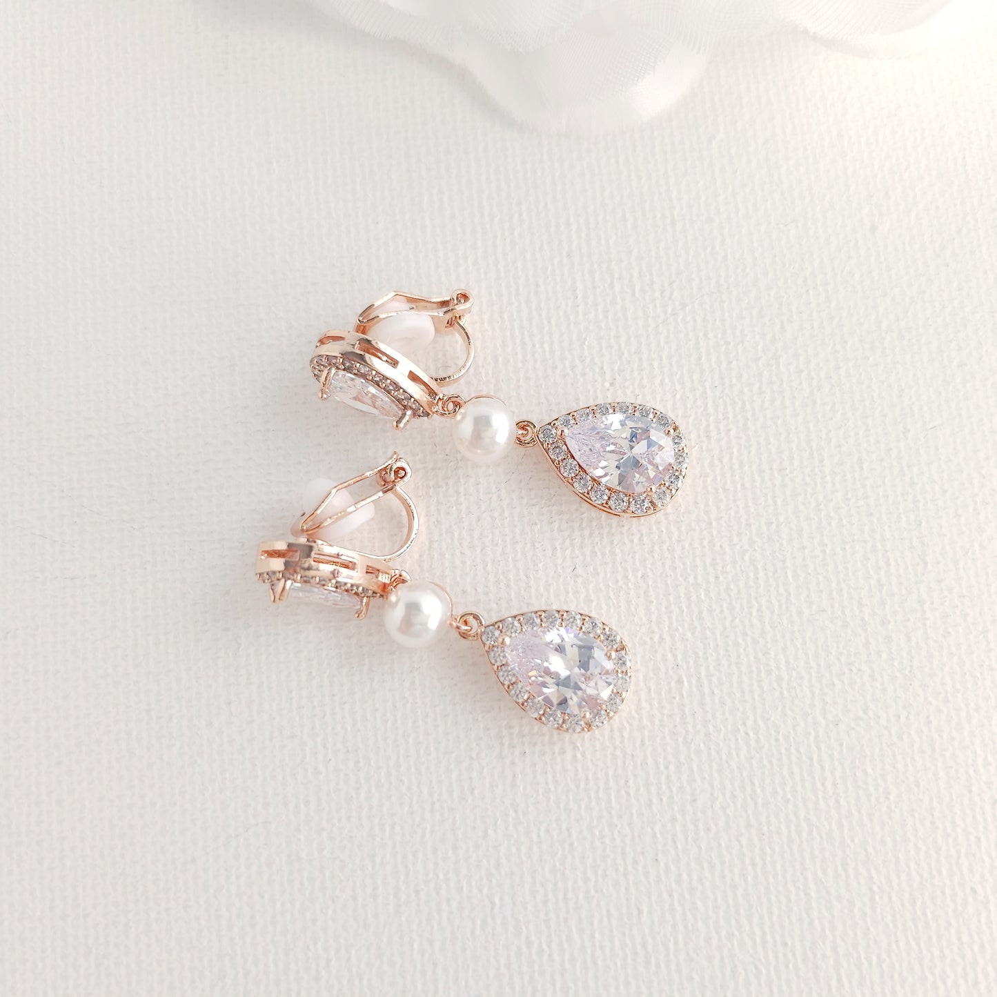 Gold Clip On Earrings with CZ Teardrops and Ivory Pearls- Emma