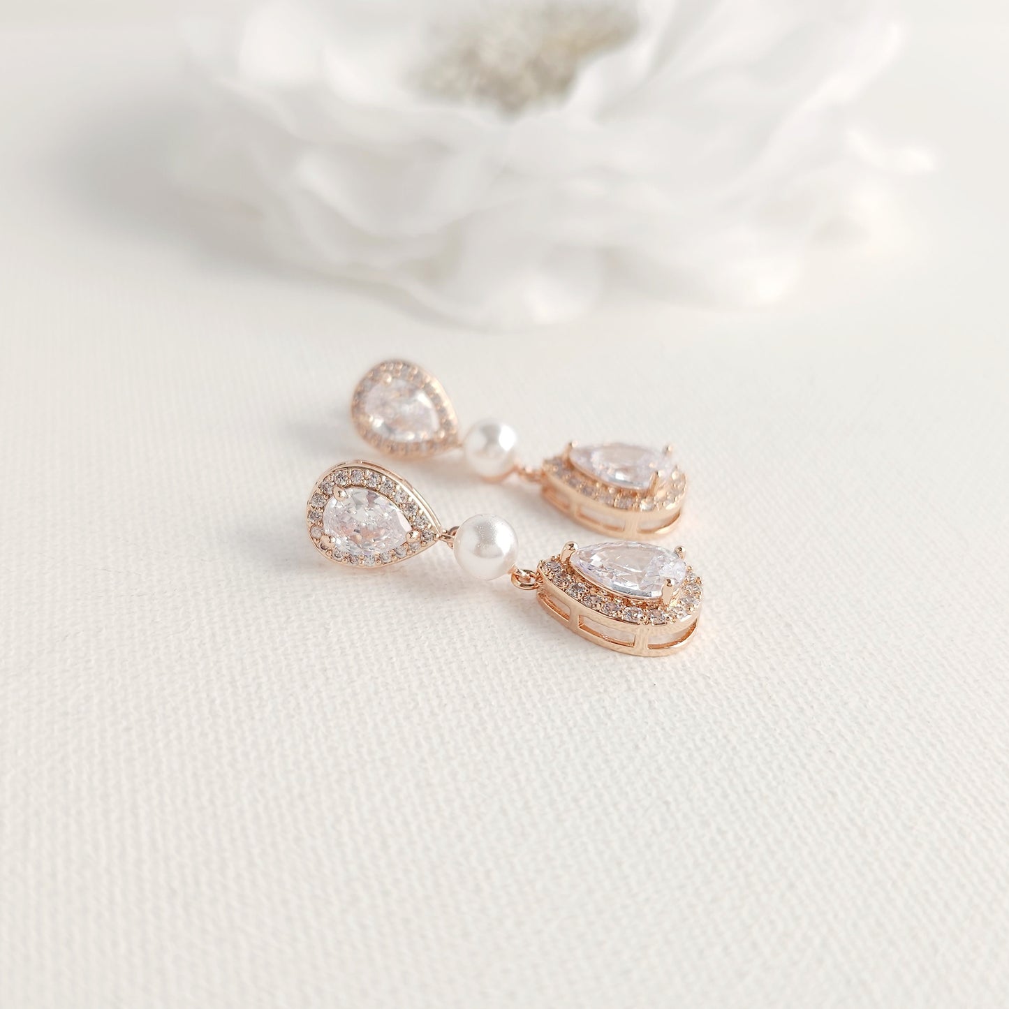 Teardrop Bridal Earrings: Rhodium-Plated Pearl & Cubic Zirconia -Emma