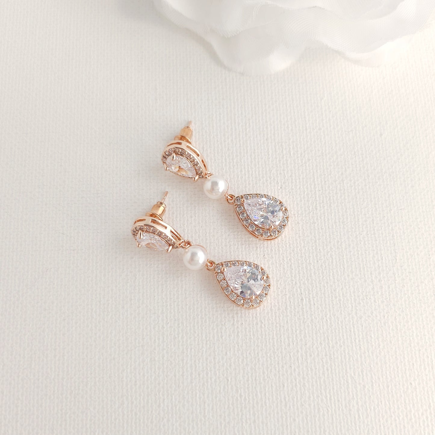 Rose Gold Bridal Teardrop Earrings with Pearl & Cubic Zirconia - Emma