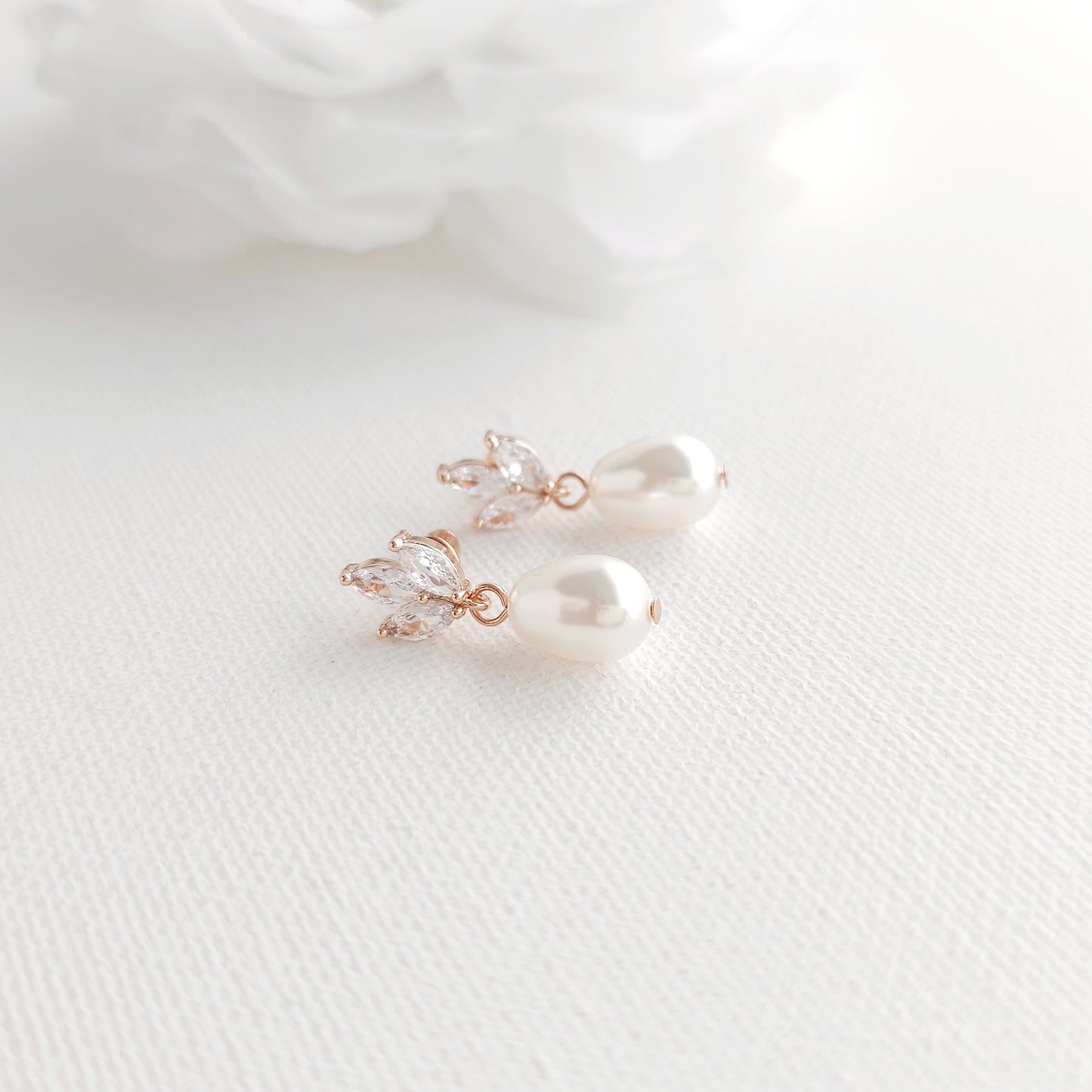 Dainty Teardrop Pearl Earrings with Delicate Leaf-Top for Brides (Silver CZ)- Vera