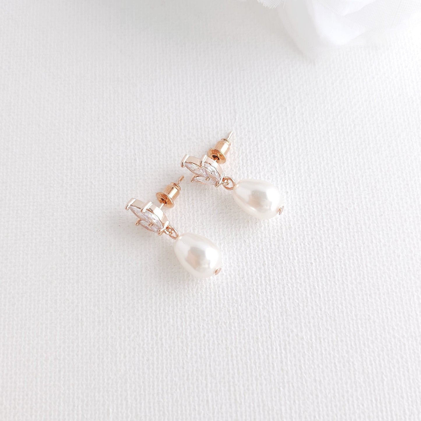 Dainty Gold CZ Leaf Teardrop Pearl Earrings for Weddings- Vera