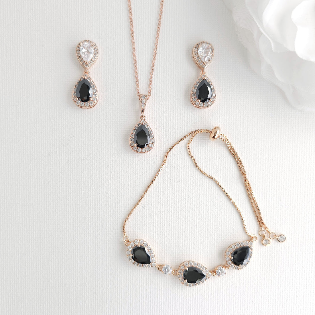 Rose Gold and Black Drop Jewellery Set | Necklace, Earrings & Bracelet for Weddings and Evening Wear - Zoe