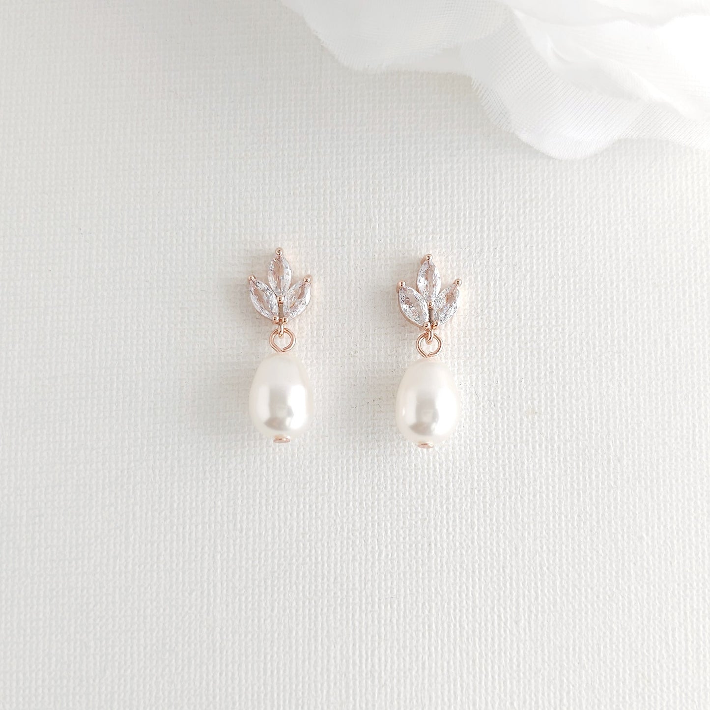Dainty Gold CZ Leaf Teardrop Pearl Earrings for Weddings- Vera