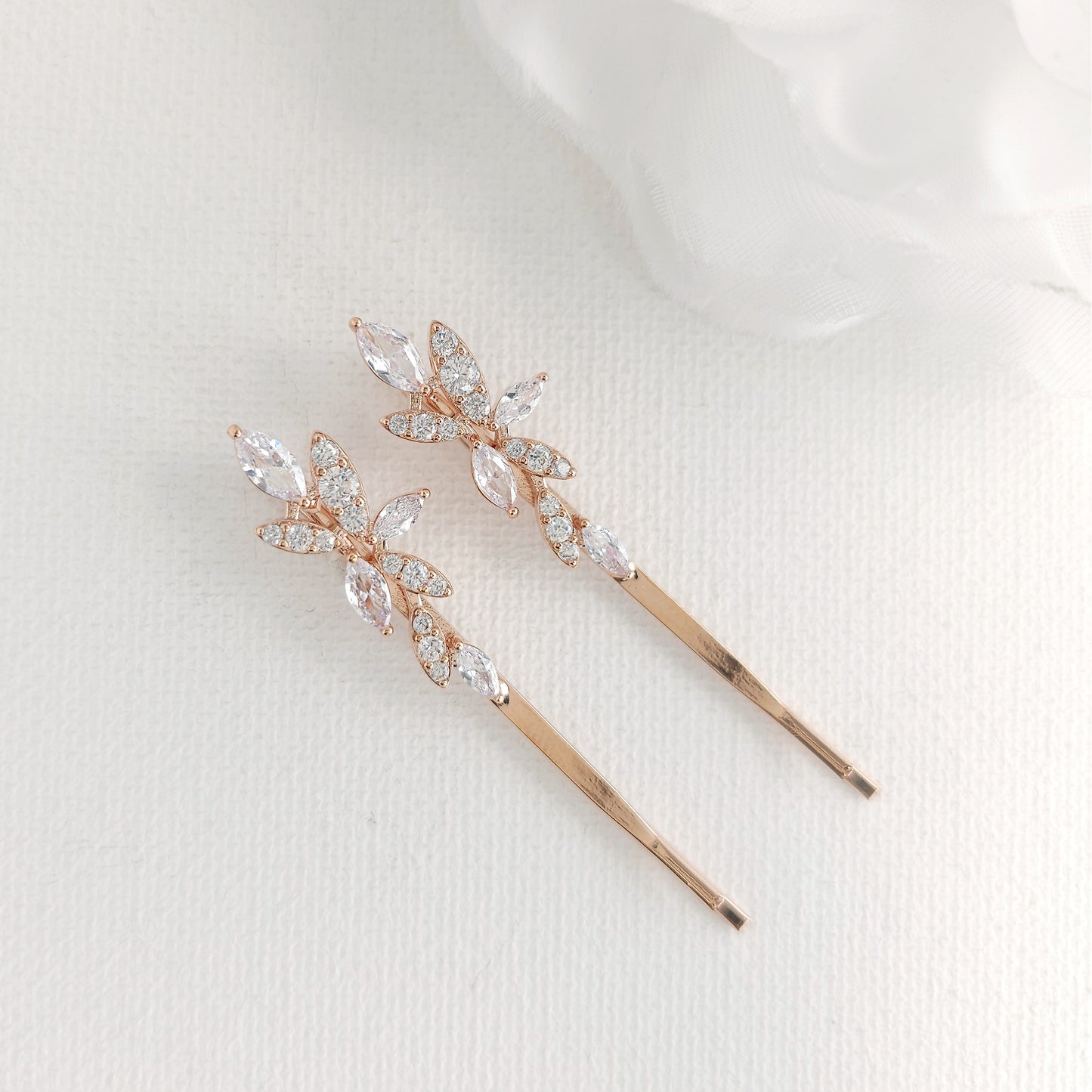 Rose Gold Leaf Bridal Hair Pin Set | Marquise CZ Slide for Bridesmaids & Flower Girls - Thea