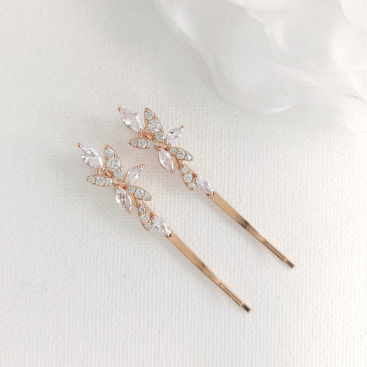 Rose Gold Leaf Bridal Hair Pin Set | Marquise CZ Slide for Bridesmaids & Flower Girls - Thea