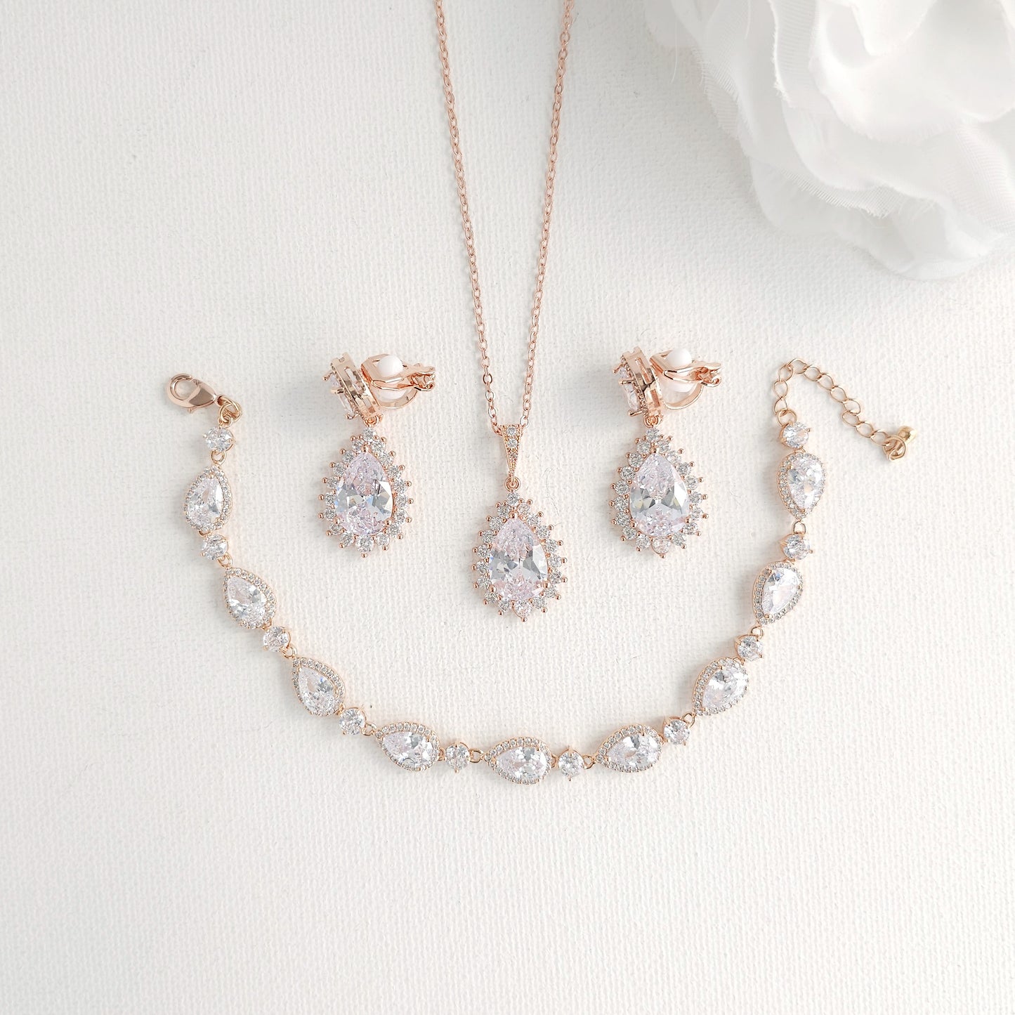 Clear CZ Teardrop Jewellery Set with Clip On Earrings - Raya